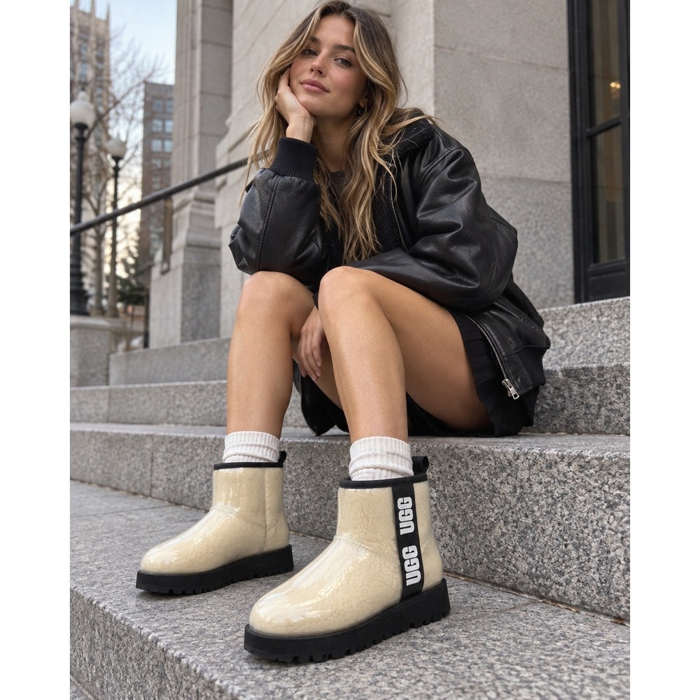 UGG Classic Clear Mini Natural Black Waterproof Shearling Rain Boots 5